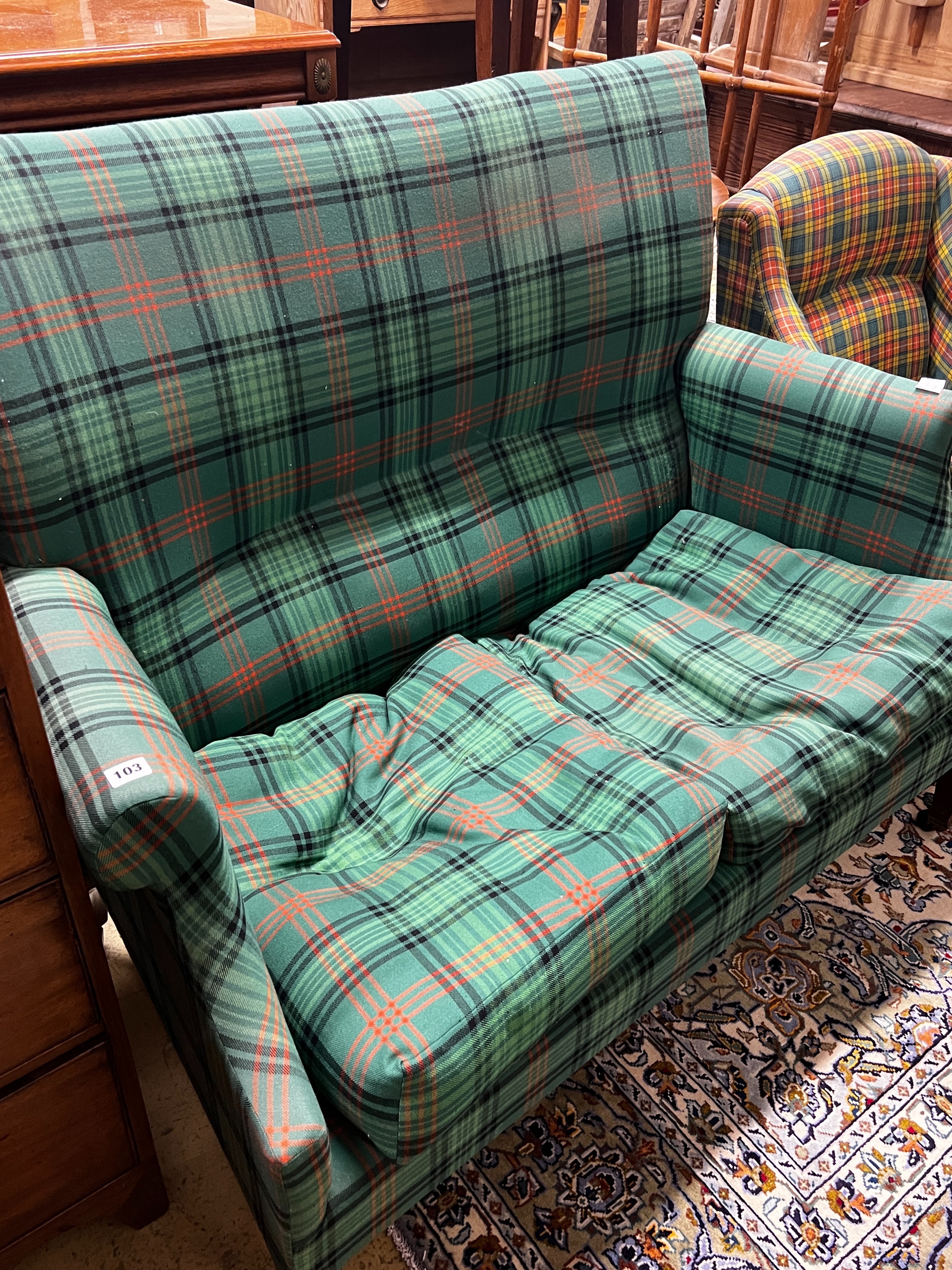 An Edwardian tartan fabric upholstered two seater settee, length 120cm, depth 64cm, height 102cm together with a similar armchair